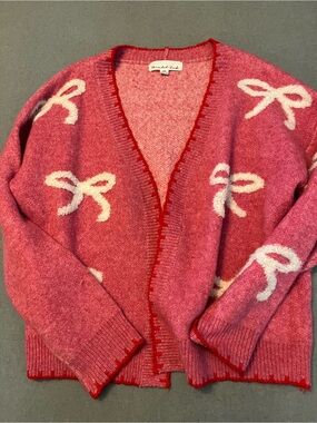 Threaded Leaf Marled Pink Bow-Print Open Cardigan Sweater-Roomy!
